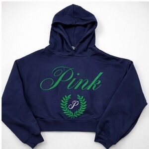 PINK Victoria's Secret Navy and Green Cropped Hoodie Sweatshirt